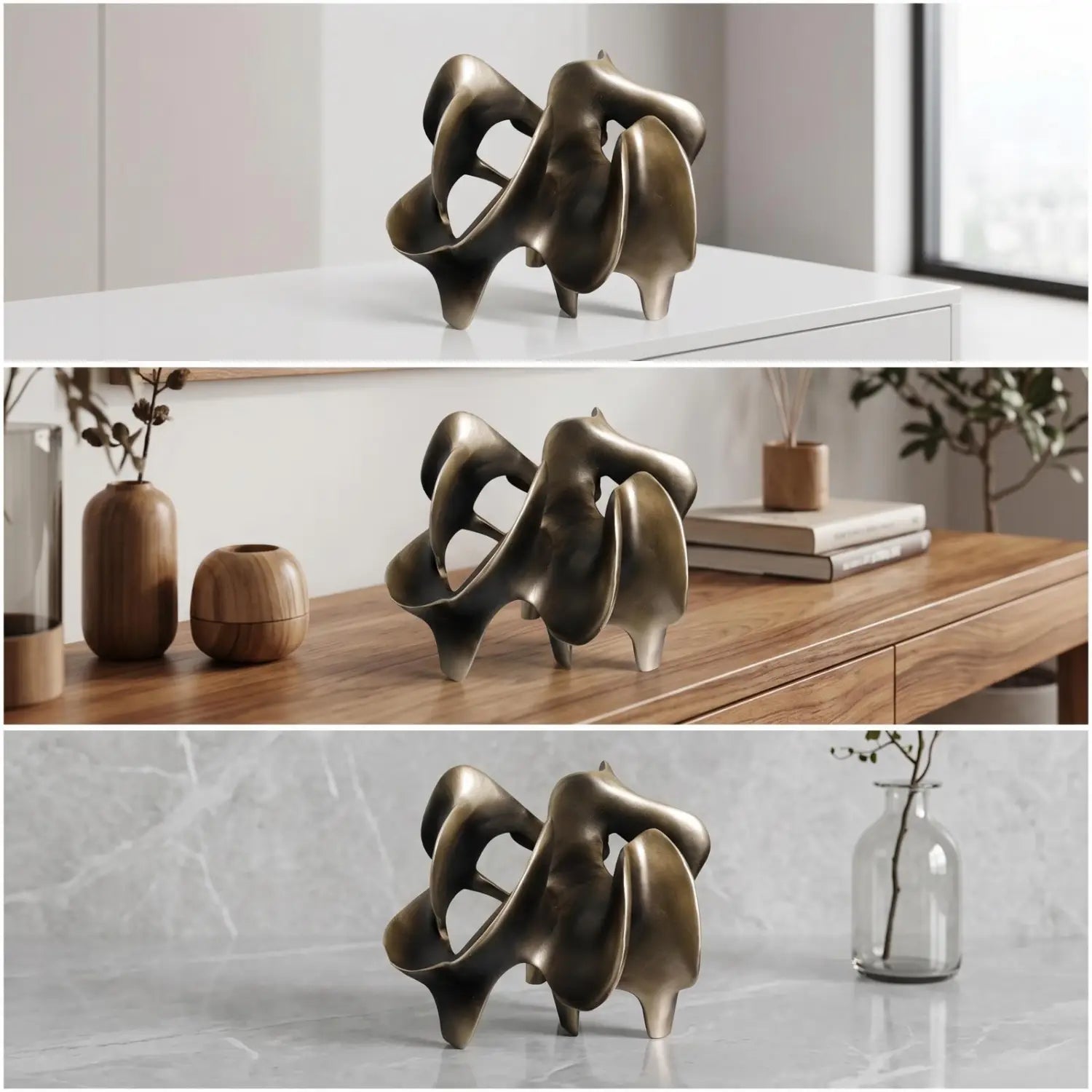 Abstract bronze-colored metal sculpture with flowing intertwined organic forms as a resin decorative item in a gold geometric design.