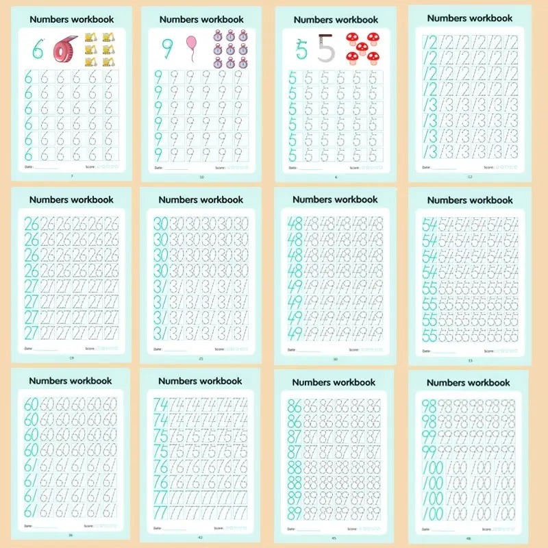 numbers tracing and math practice workbook ages 3 to 6 featuring light blue and white pages with green tracing lines for practicing number writing skills.