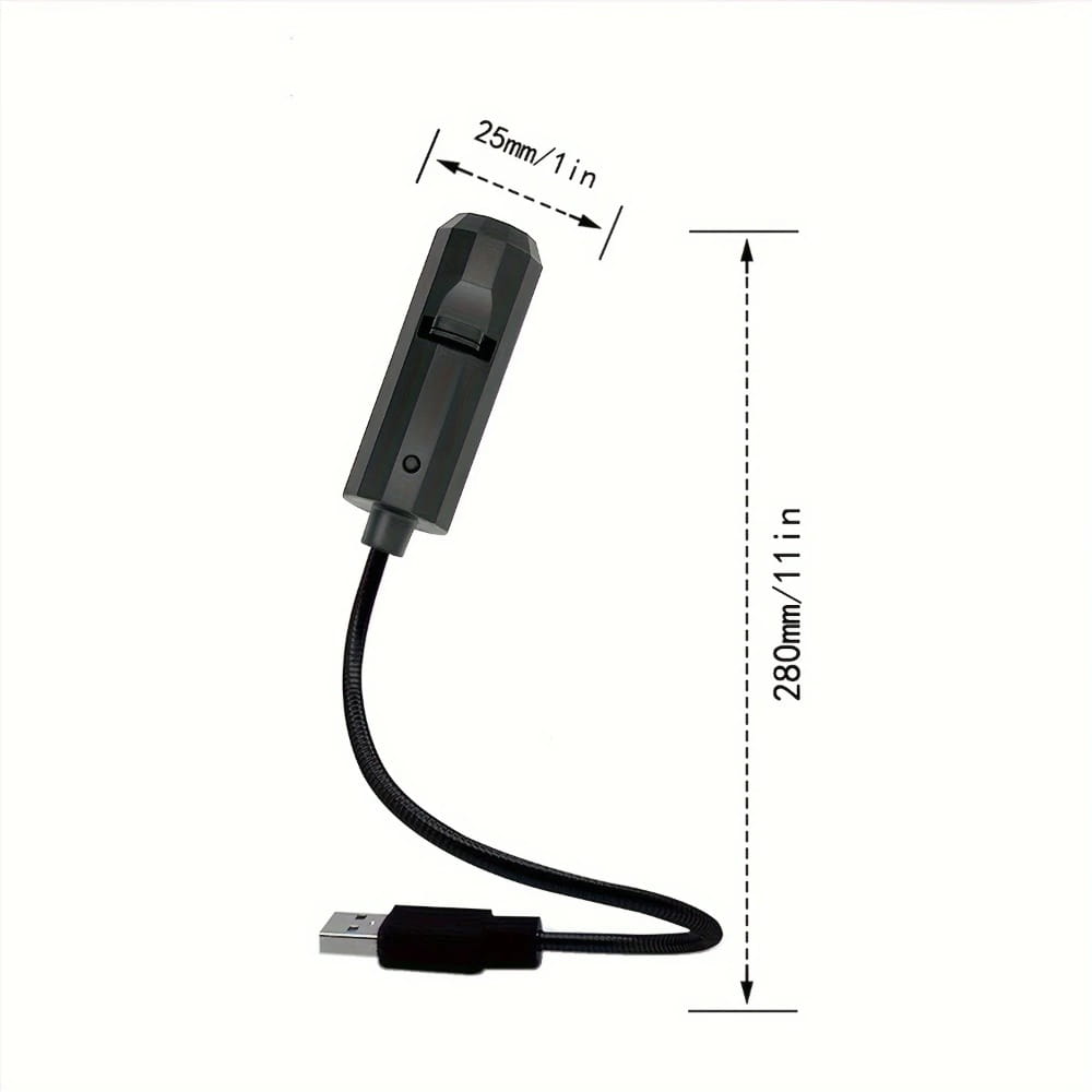 Black usb-powered galaxy projector led night light with a flexible cord and a compact rectangular head for ambient lighting.