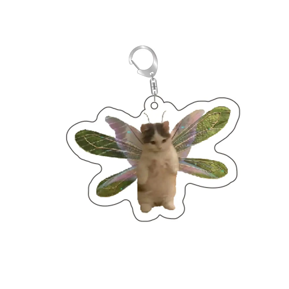 Clear acrylic keychain featuring a cute cat with green and pink translucent butterfly wings from the Cat Meme Acrylic Keychain collection.