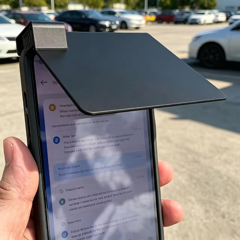 schwarzes Smartphone mit schlankem, mattem Schutzgehäuse mit integriertem Clip-on-Sonnenschutz, von der Rückseite dargestellt.