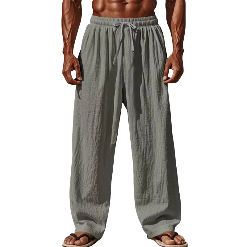 Men cotton linen casual pants loose straight leg in gray featuring a loose fit and drawstring waistband made from breathable linen material.