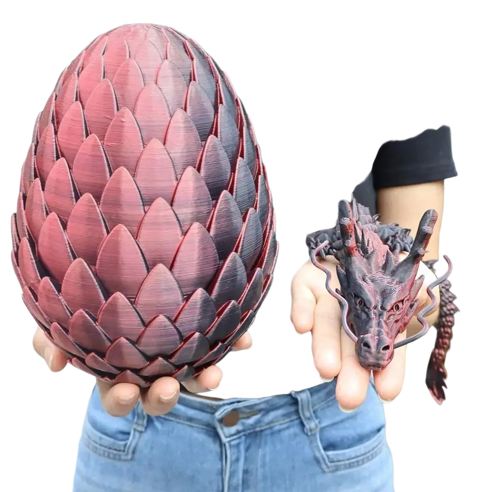 A detailed red and black 3D printed dragon egg and miniature figurine for unique home decoration and party gifts