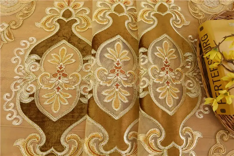 Embroidered living room curtains for french window featuring gold and beige damask fabric with intricate floral embroidery.