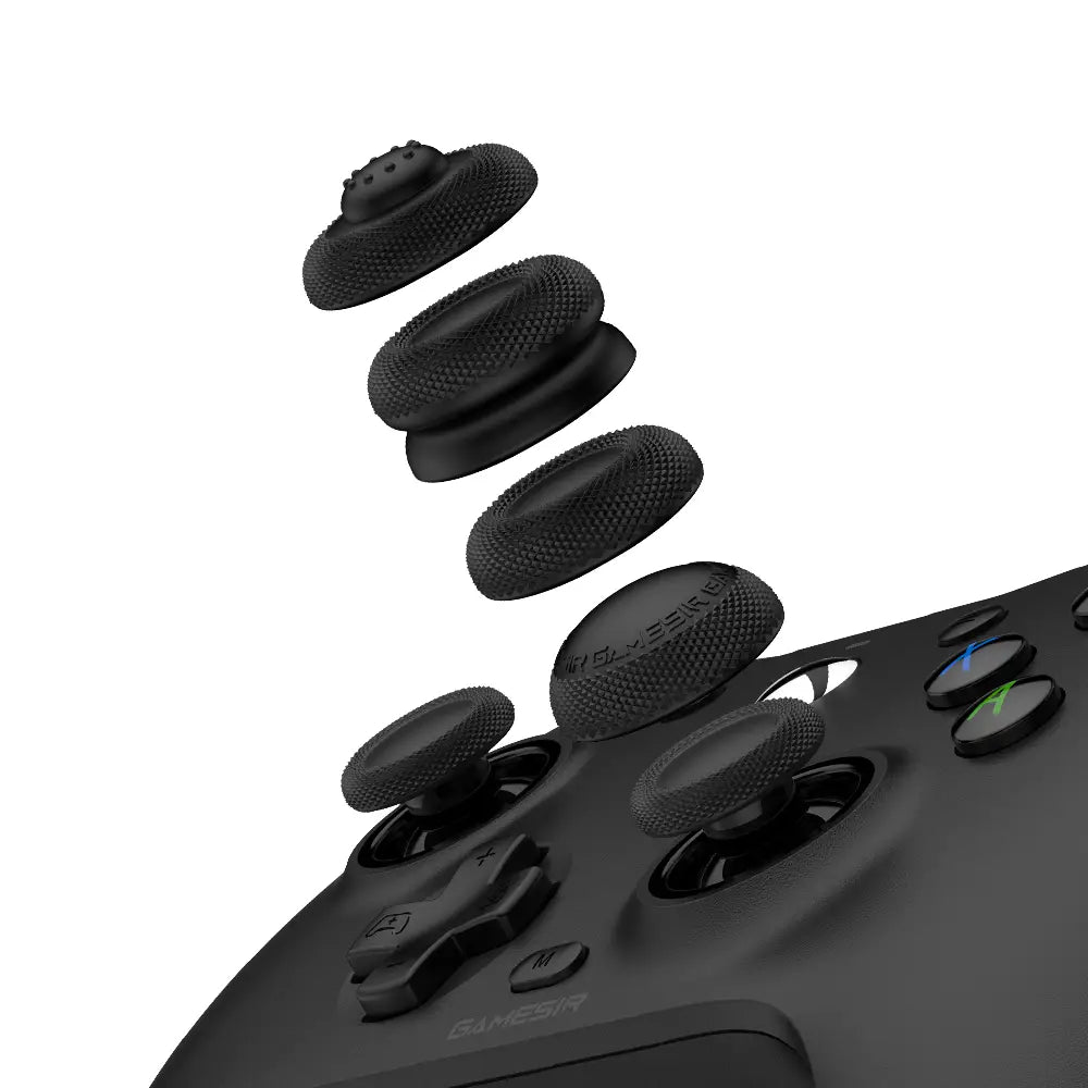black textured grip caps for gaming controller with knurled surface and rigid series branding from Gamesir G7 magnetic faceplate and accessories kit.