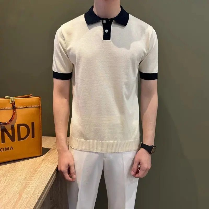 Casual Versatile Short Sleeve Knitted  Shirt Men's Fashion Urban Style Breathable Light Weight Summer Color Block Collar Tee