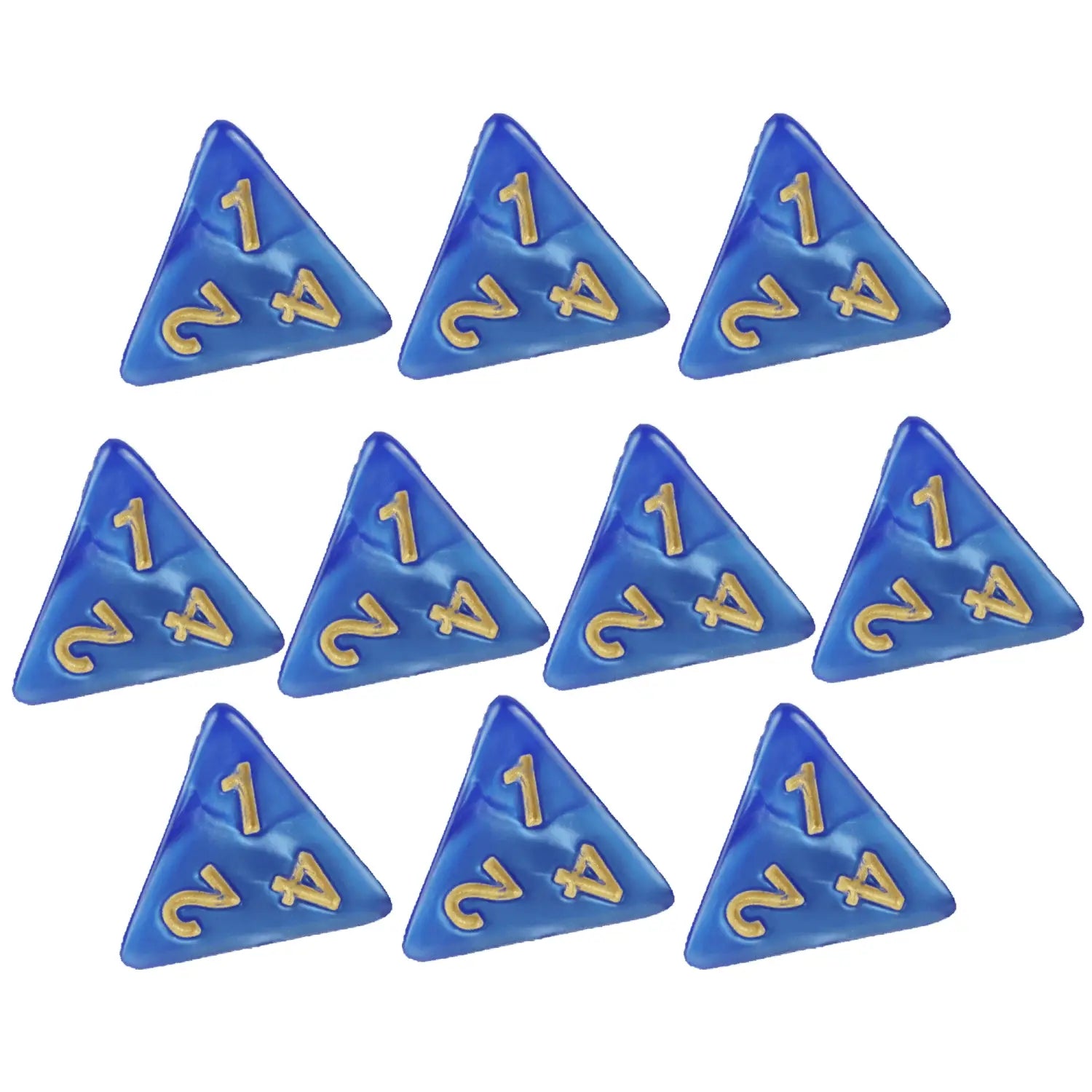 Set aus zehn durchsichtigen blauen Marmord4-Würfeln mit goldfarbenen Ziffern für Tischspiele und Brettspiele.