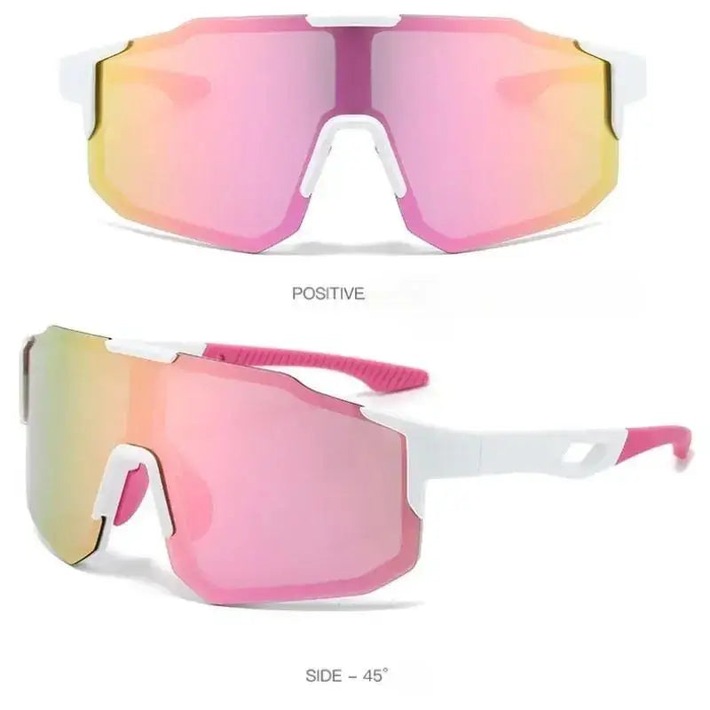 Gafas de sol para ciclismo deportivo al aire libre de color blanco y rosa con protección UV400 y lentes reflectantes de degradado, diseñadas con estilo de gafas tipo círculo.