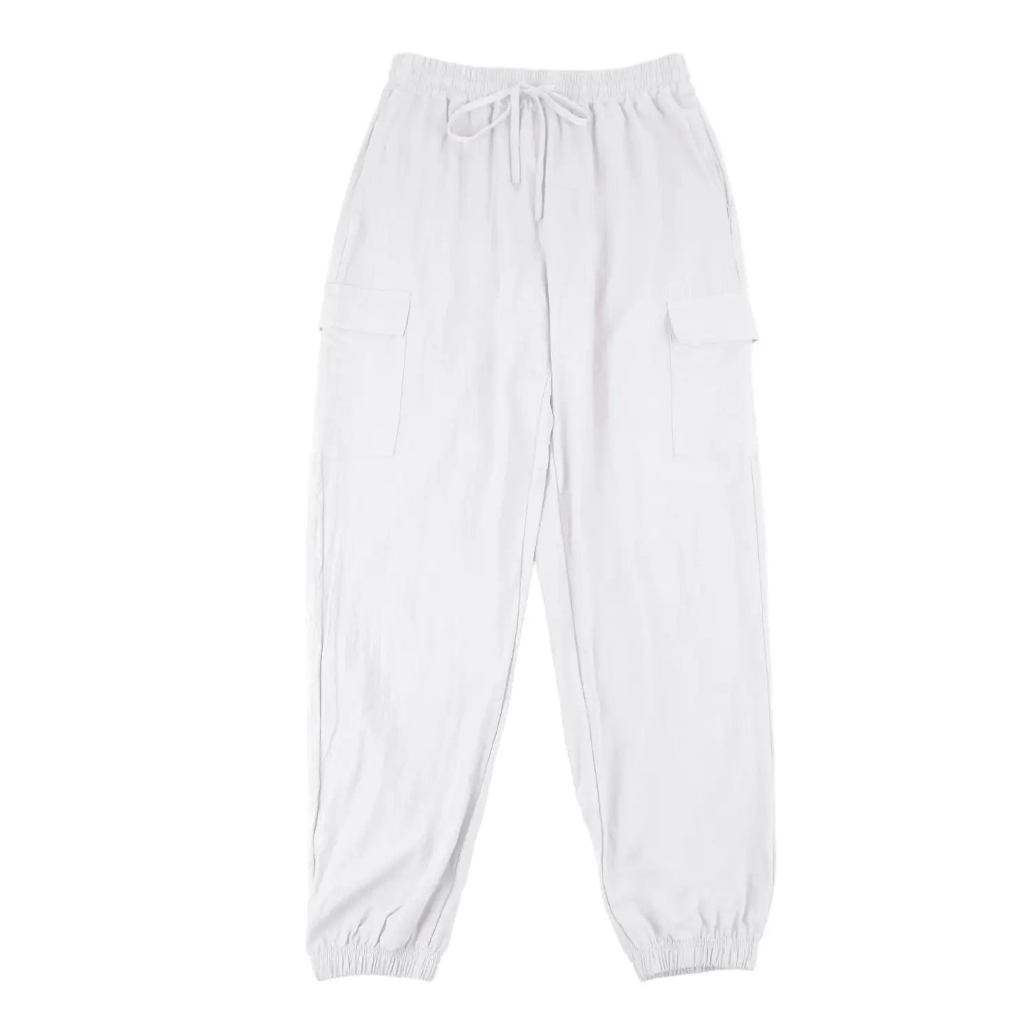 Herren-Leinen-Cargohose in Weiß mit elastischem Bund, Kordelzug, seitlichen Taschen und zulaufenden Bündchen, entworfen für den taktischen Einsatz beim Wandern.