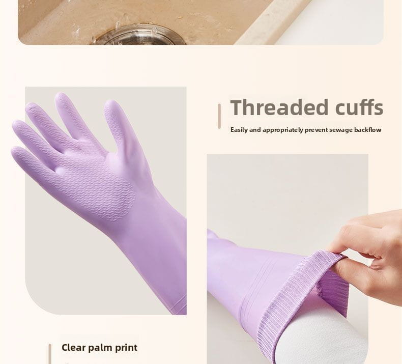 Gants de vaisselle imperméables en caoutchouc violet pour femmes, avec une paume texturée et des poignets à coutures.