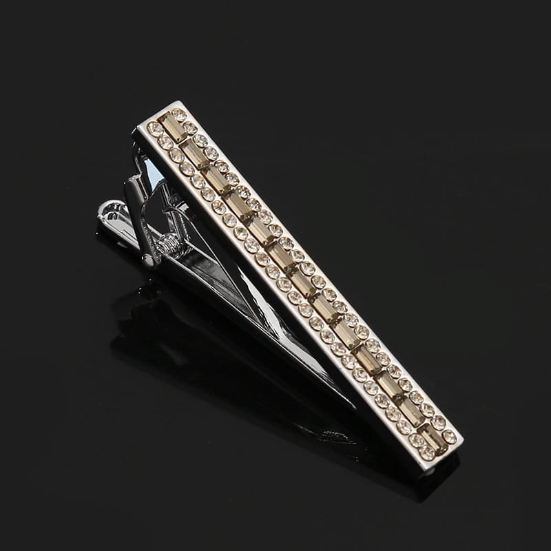 Silver tie bar adorned with clear rhinestones and gold-toned rectangular accents from the crystal rhinestone tie clip set.