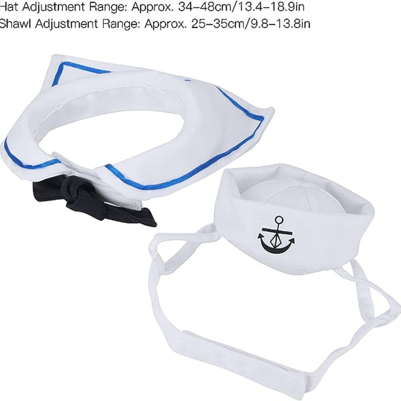 white sailor hat with black anchor emblem and blue trim featuring adjustable straps for customizable fit in cat sailor costume with hat