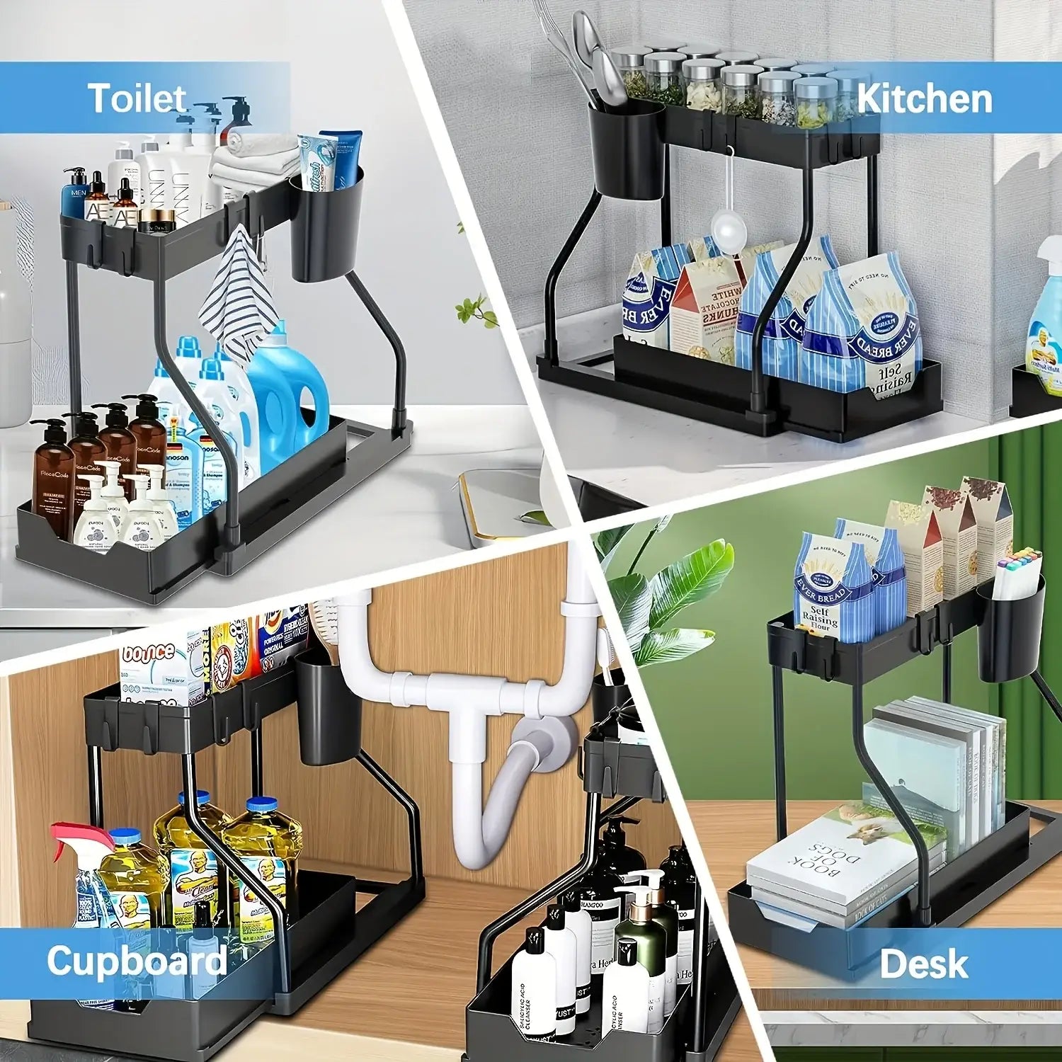 Black two-tiered rotating pull-out design kitchen sink organizer made in mainland China for efficient storage and space saving.
