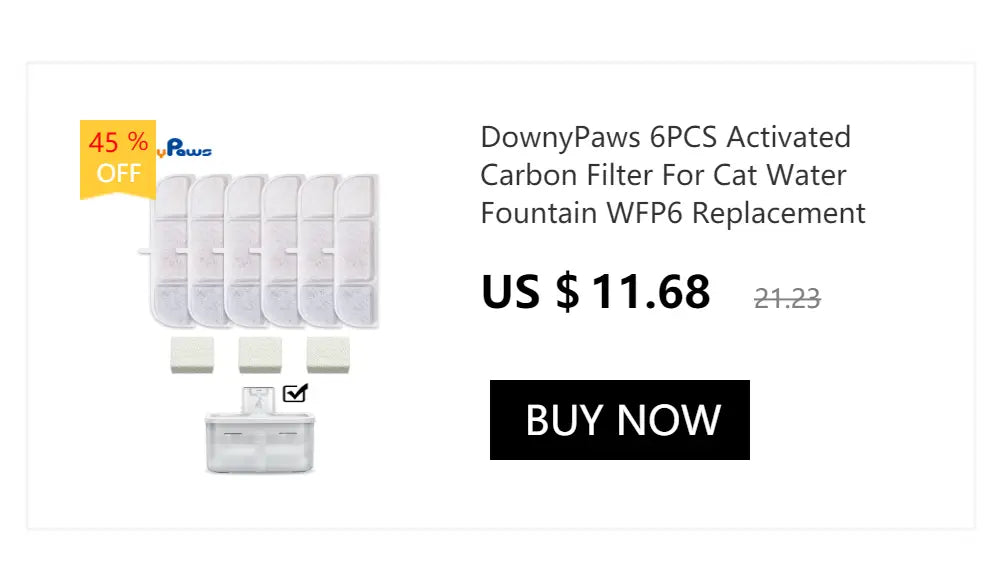 six white activated carbon filters designed as replacement parts for a pet water fountain wireless motion sensor 2.5l water dispenser