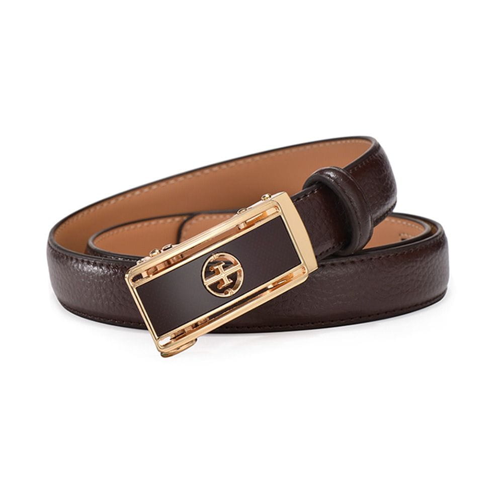Ceinture à boucle automatique en cuir véritable pour femmes marron, avec boucle rectangulaire plaquée or présentant un centre noir et le logo Tory Burch.