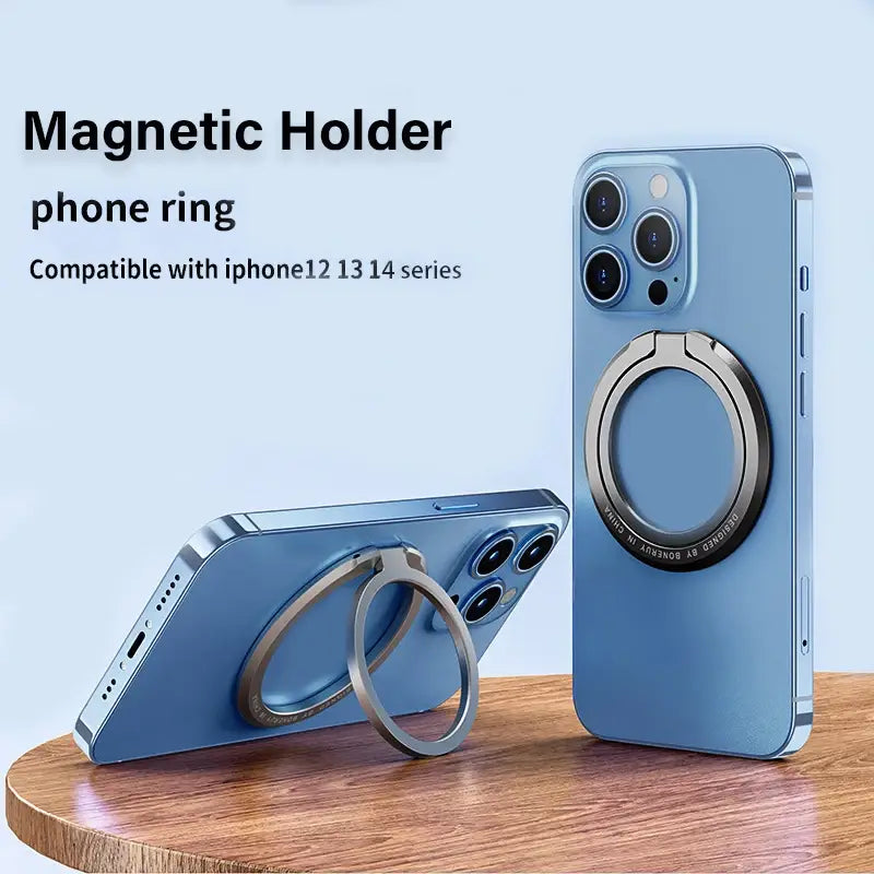 Anillo soporte magnético plateado para teléfono MagSafe, mostrado desde el lado posterior, compatible con las series iPhone 12, 13 y 14, diseñado para un agarre seguro y una fijación magnética.