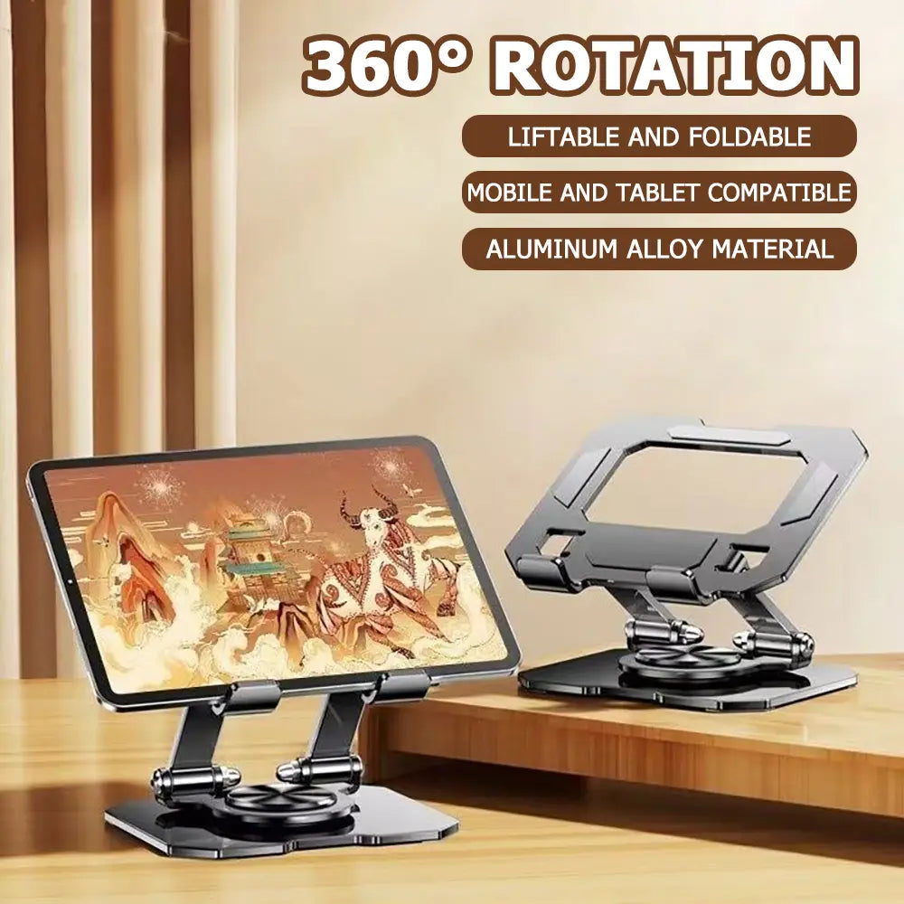 black aluminum alloy rotatable tablet stand adjustable with 360-degree rotation and foldable design for versatile use