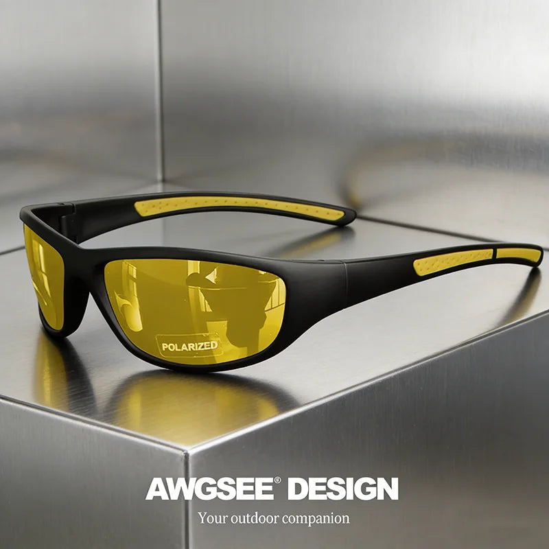 Gafas de sol deportivas polarizadas en negro y amarillo con protección UV400 y un diseño de montura elegante y resistente.