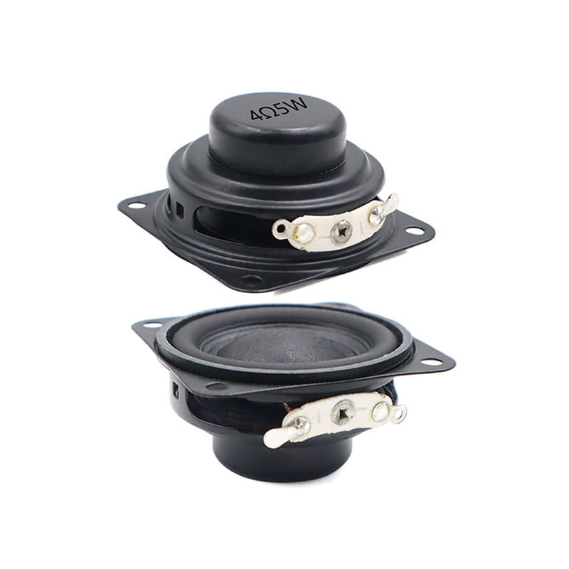 black 40mm 4 ohm 5w full range bluetooth speaker driver showing the back side with metallic terminal connectors and a square mounting plate