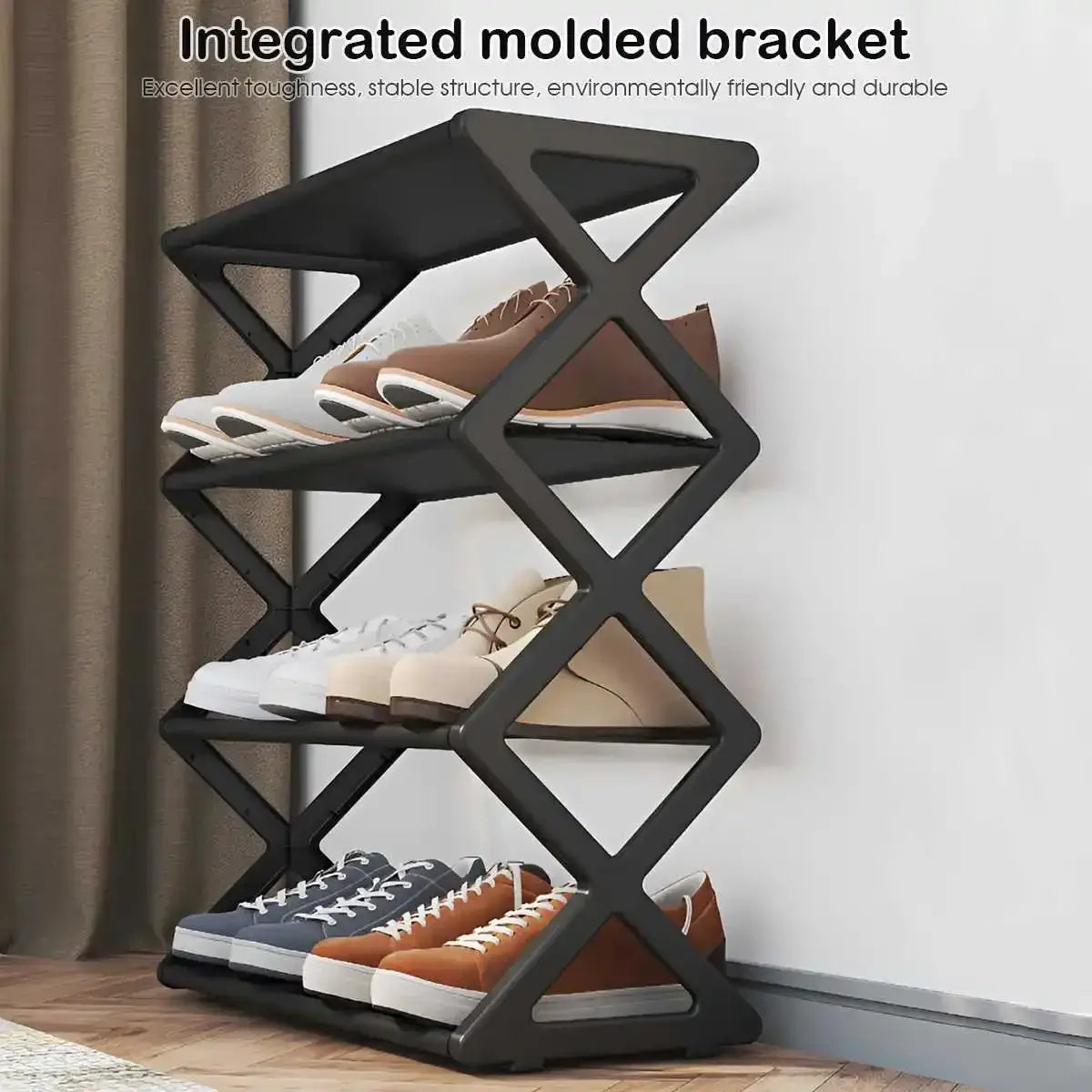 schwarzes dreistufiges robustes Schuhregal aus Stahl mit staubabweisendem Bezug aus Stoff und integrierter, geformter Halterungsdesign-Ausführung
