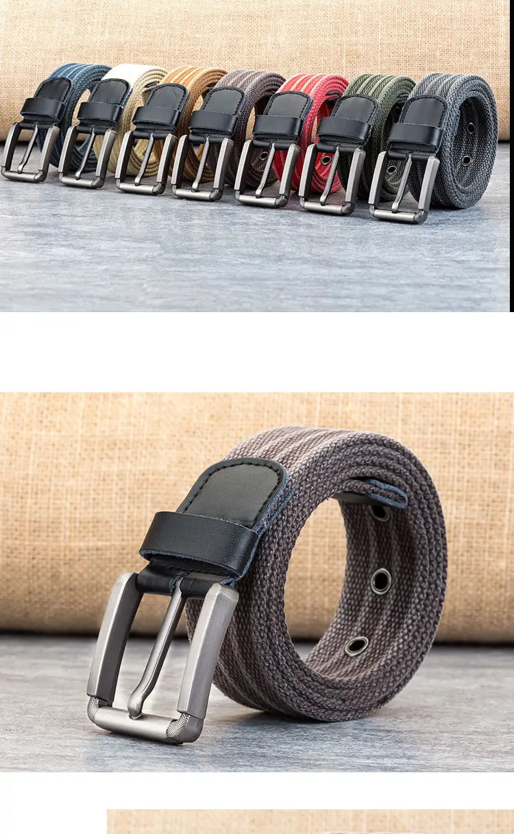 Ceinture pour homme en toile tissée avec tissu tissé gris, sangle en cuir noir et boucle à épingle à tons argentés.