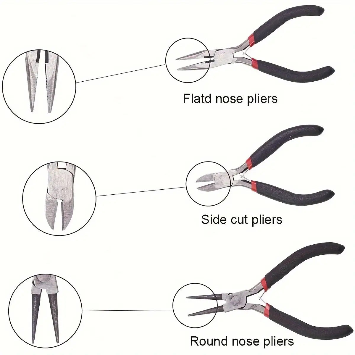 Set of three black-handled pliers with red accents including flat nose side cut and round nose varieties in a diy jewelry making tool set 8-piece kit.