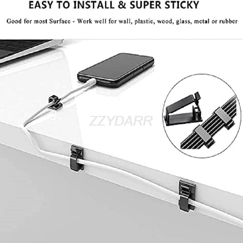 Black plastic cable management clips from a 173 piece cable management kit and cord organizer designed for securing and organizing cables.