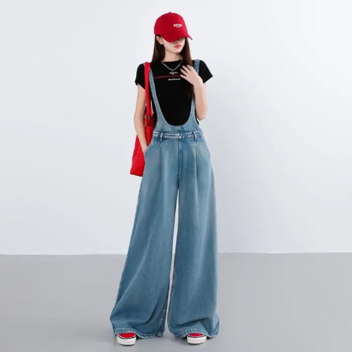 Women Denim Overalls Wide-leg Pants Spring Autumn New Loose Casual Korean Thin Straight Jeans Pants Suspenders Straps Jumpsuit
