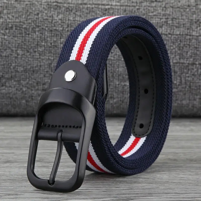 Navy blue canvas web stripe belt for men featuring red and white woven stripes and a black metal buckle for casual wear.