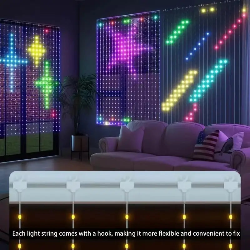 Smartes LED-Vorhanglicht RGB, per App gesteuert, für DIY-Weihnachtsdekoration; mit farbenfrohen LED-Stern- und Pfeilmustern sowie weißer Montageschiene für eine einfache Installation; konform mit ROHS-, CE- und EMV-Standards.