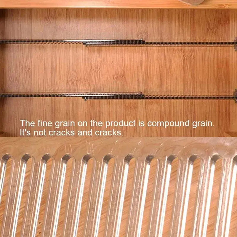 wooden shelf with a smooth compound grain finish and horizontal metal tracks designed as an adjustable drawer partition for organized plastic storage.