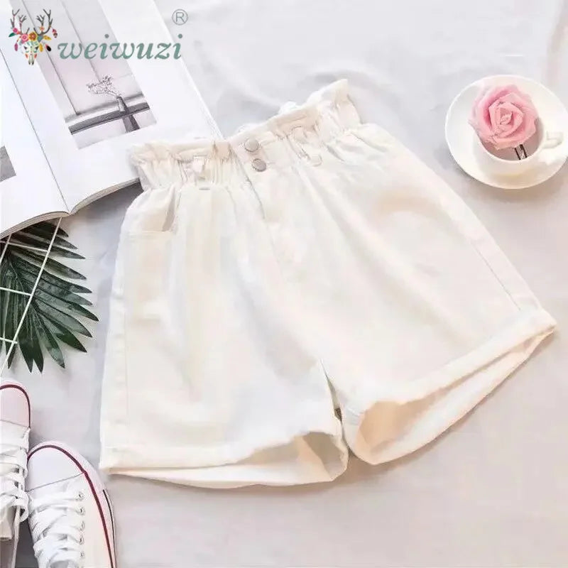 Women Casual High Waist Denim Shorts Elastic Waist Comfortable Wide Leg Rolled Hem Jean Shorts Girls Summer Vacation Streetwear