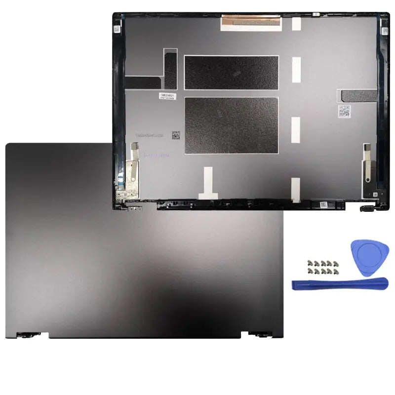 Schwarze matte ASUS-TUF-Gaming-A16-Laptop-Abdeckung (Deckel) mit Darstellung interner Strukturkomponenten und Klebestreifen für den Austausch von Gehäuseschalen-Teilen