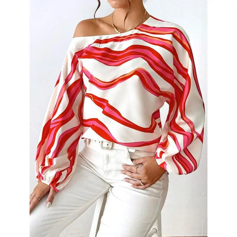 Fashion Long Sleeve Sexy Off Shoulder Shirts women Slash Neck Printed Loose Casual Blouses Women Elegant Simple Lady Shirt Tops