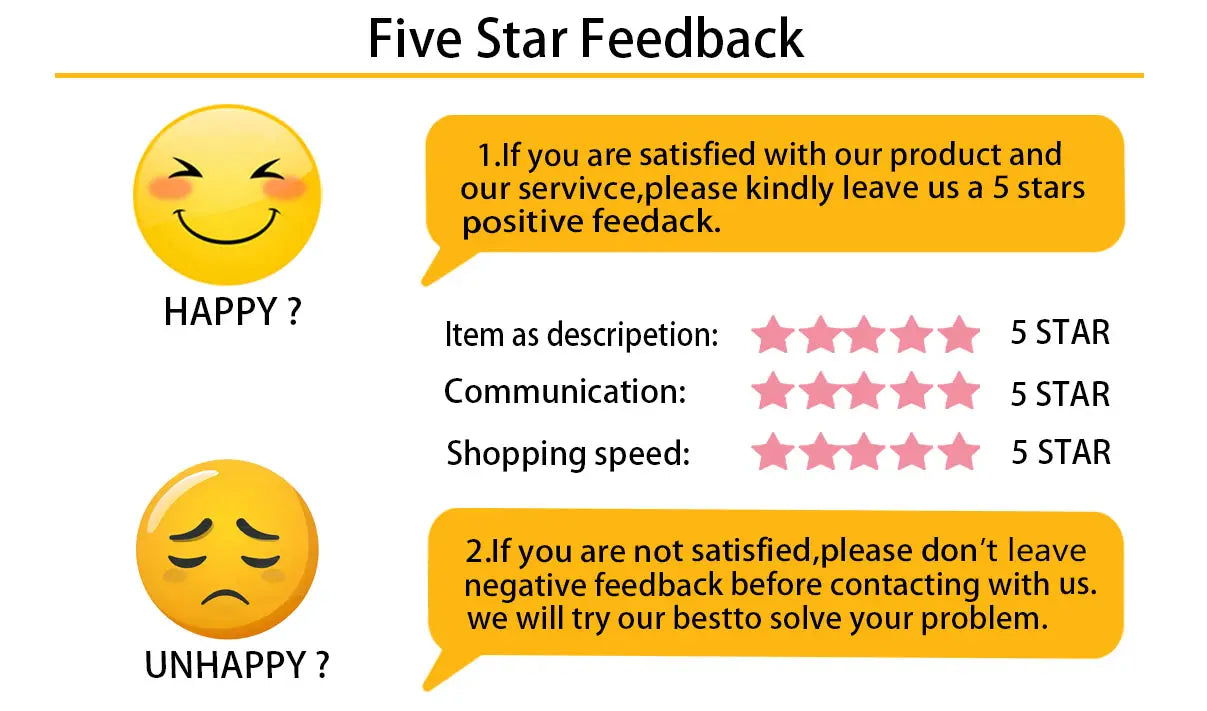 Five-star feedback graphic with yellow smiley faces and pink star ratings for item description communication and shopping speed for seaquest dsv vintage graphic cotton t-shirt.