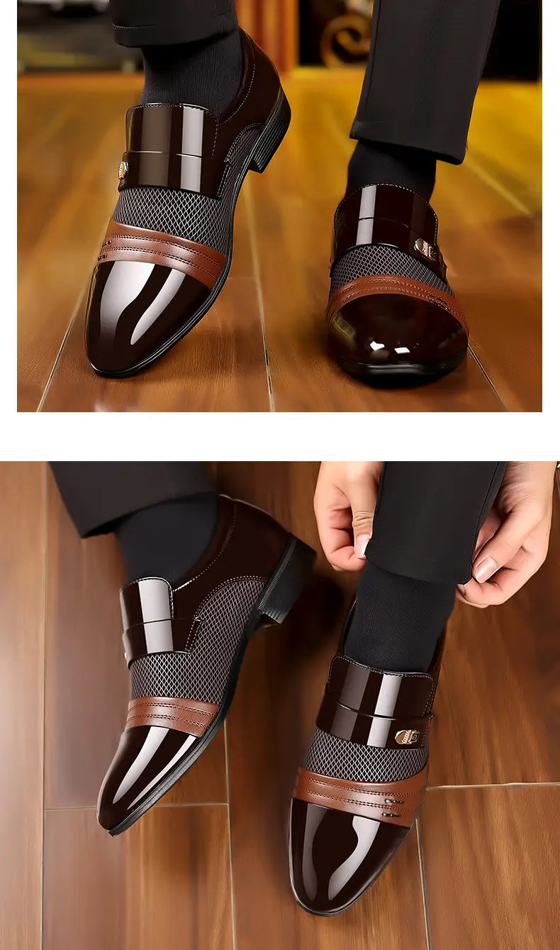 Zapatos de vestir de punta afilada de lujo para hombre en charol negro y marrón con paneles de malla para una apariencia formal y elegante.