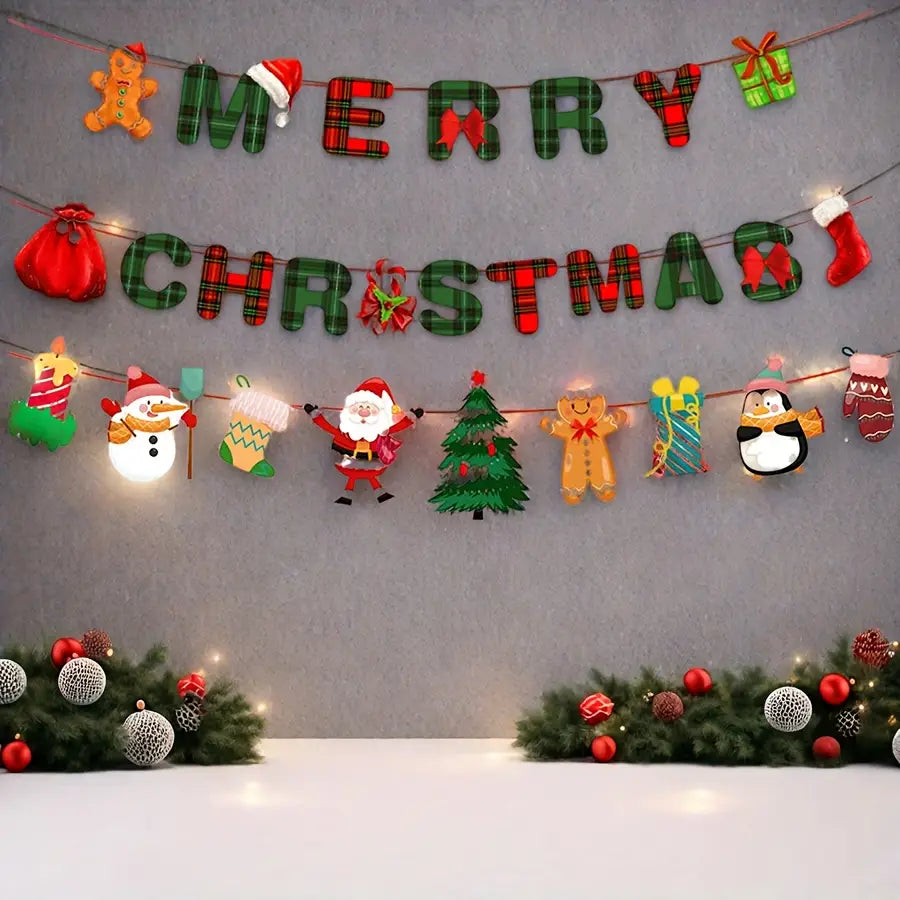 Merry Christmas plaid banner party decoration set featuring green and red colors with festive characters including santa, snowman, gingerbread man, and penguin.