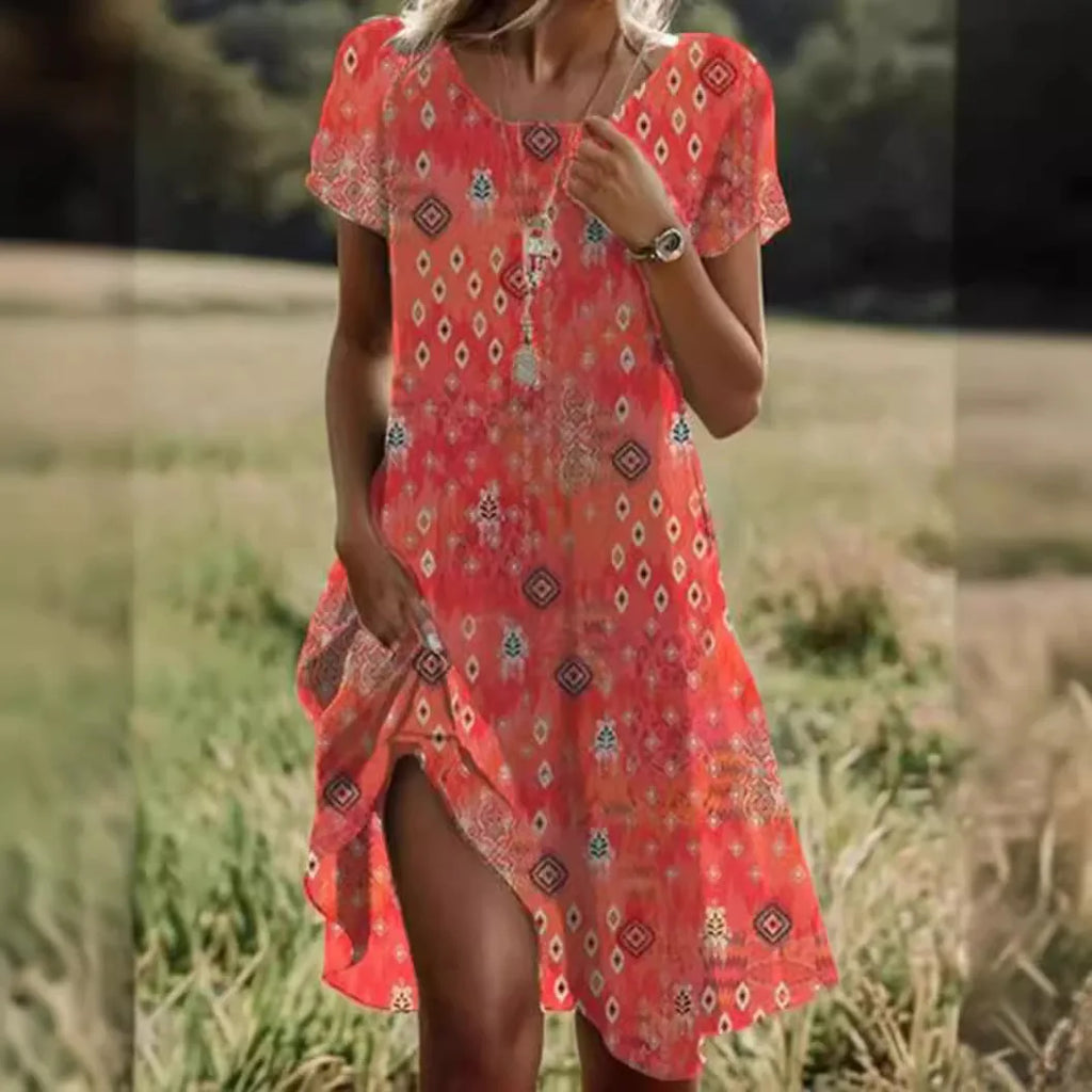 Women's Dresses Ethnic Short-sleeved O-neck Summer Fashion Printed Street Vacation Beach Midi Skirt