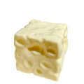 Cream-colored cube-shaped squishy toy with swiss cheese pattern viewed from the front for stress relief use