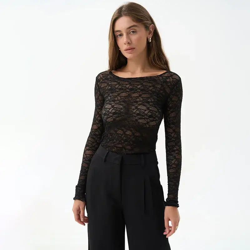 Brown lace long sleeve crop top for women aesthetic clothes featuring a boat neckline and ruffled cuffs made from delicate lace material.