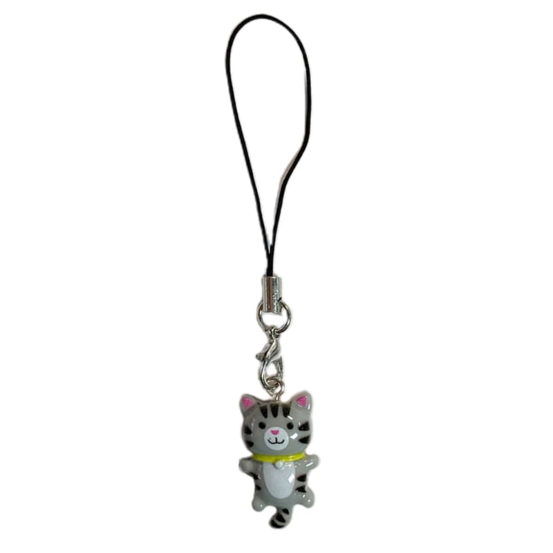 Cute cat phone charm strap featuring a gray tabby cat with pink inner ears and a yellow collar attached to a black cord with a silver metal clasp.