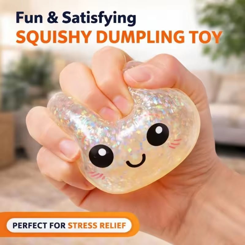 juguete exprimible de panecillo al vapor translúcido relleno de purpurina, con ojos negros y carita sonriente adorables, mostrado junto con un recipiente para vapor para aliviar el estrés.