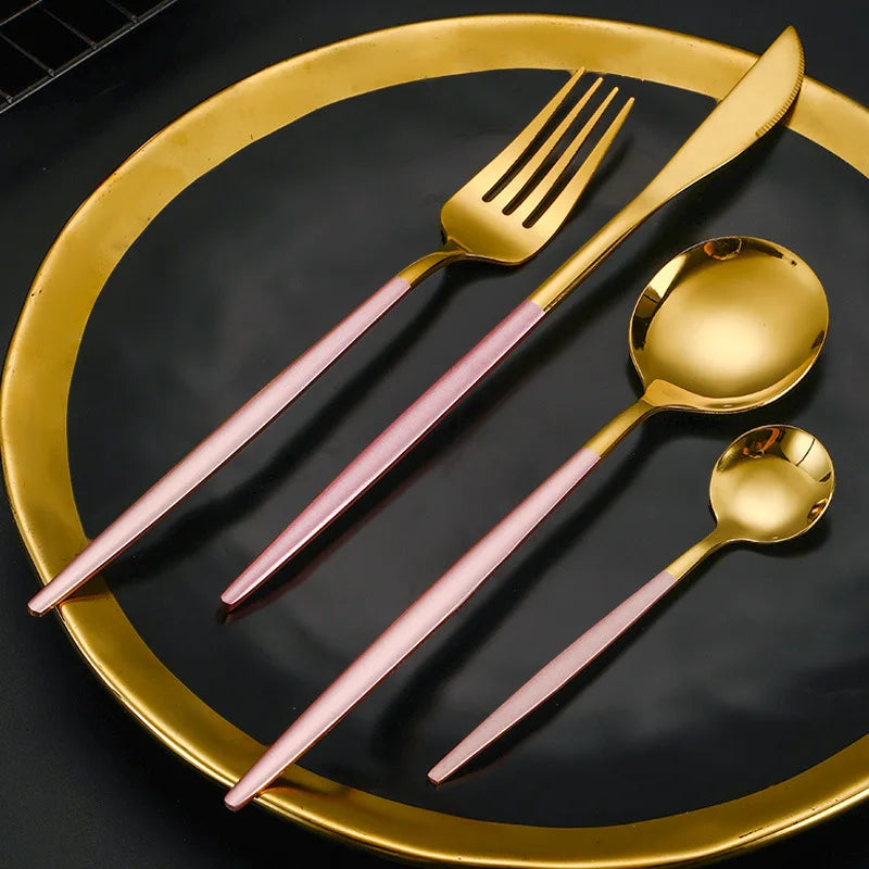 4/24pcs Stainless Steel Tableware Set, Luxurious Gold and Powder, Including Knife, Fork and Spoon, Suitable for Parties.