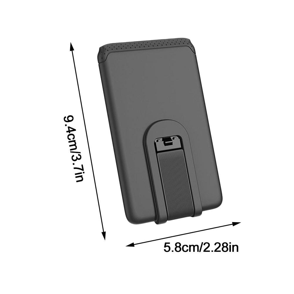 Black plastic phone card holder with textured grip and perforated top edge for universal mobile phone use.