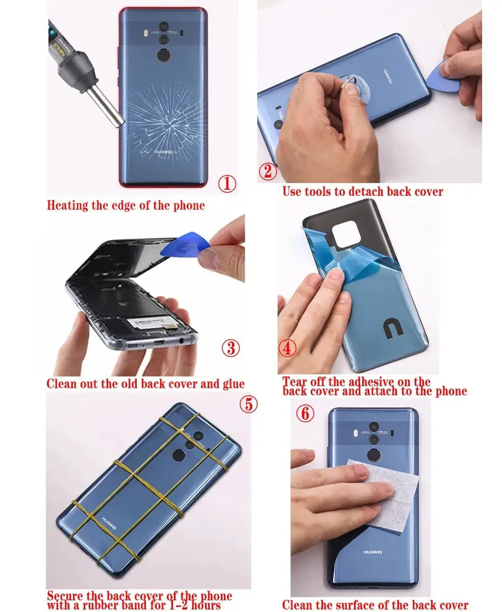 Blue Huawei Mate 10 Pro phone with cracked back cover being replaced with Huawei Mate 50 Pro housing battery rear case glass lens for pro housing battery rear repair.