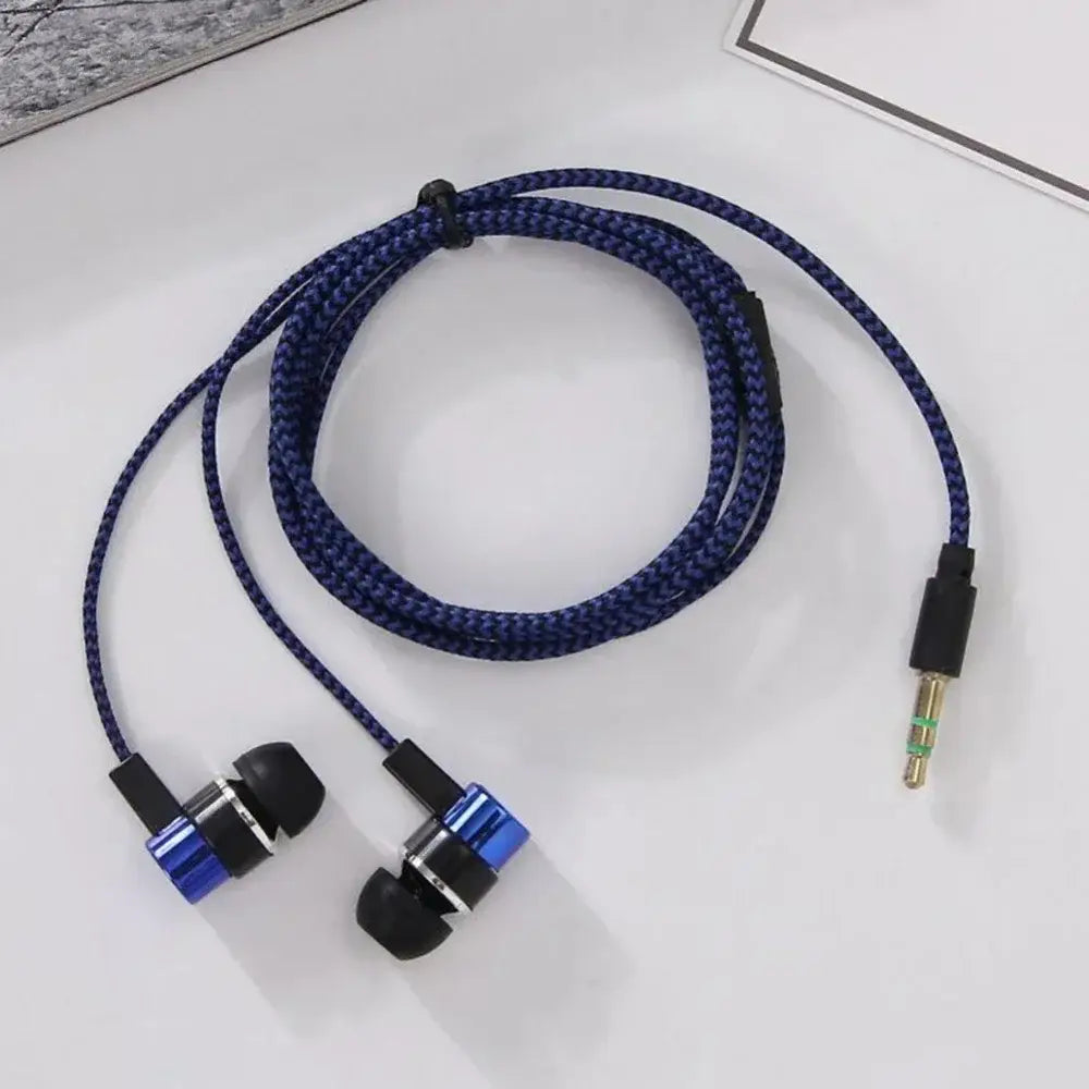 Écouteurs intra-auriculaires filaires stéréo pour basses, bleu et noir, avec conception de câble tressé, pour une durabilité et des performances audio améliorées