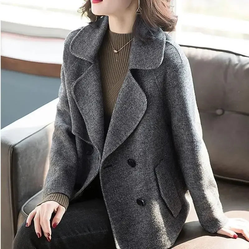 Blazer Wool Blend Coat for Women Half Short Double Breasted Trendy Long Sleeve Mixtures Jacket Woman Cheap Outerwears New In Hot