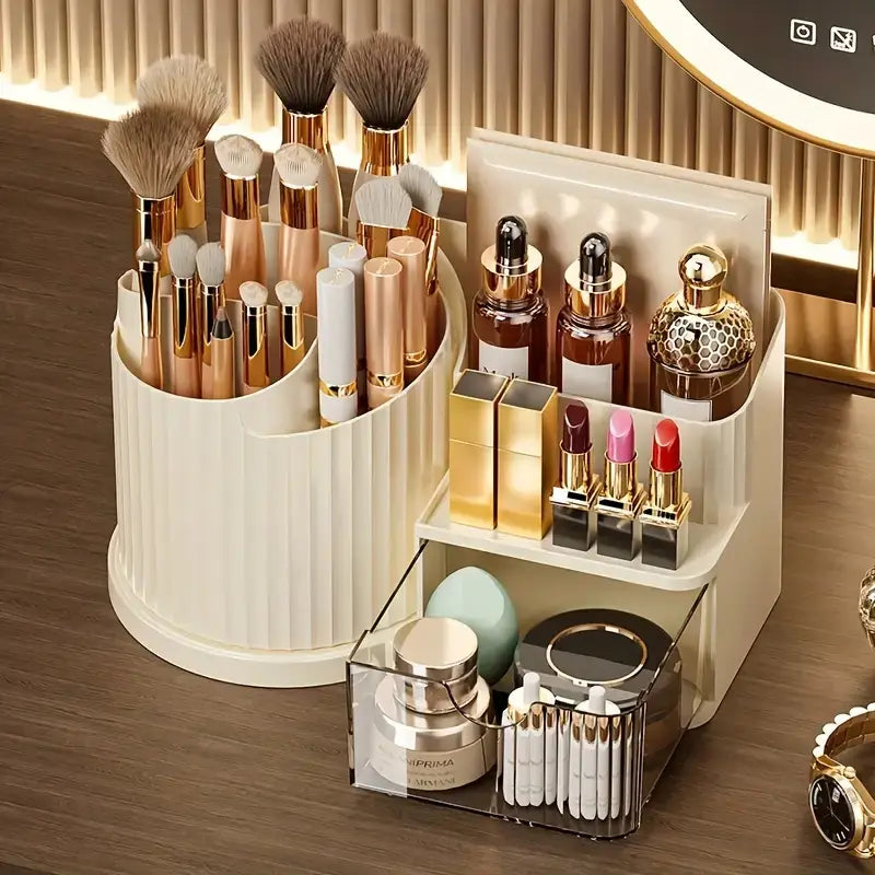 Cream-colored vertically ribbed plastic makeup organizer with clear acrylic drawer and tiered compartments serving as brush holder for large capacity skincare and cosmetics.