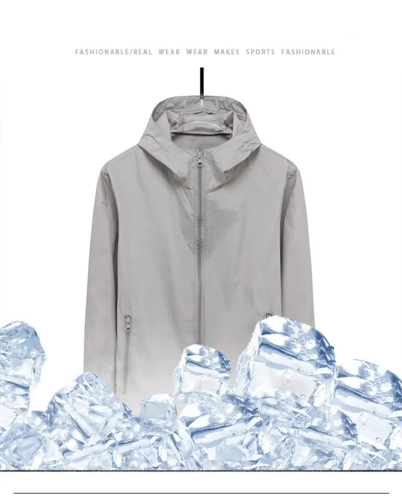 A sleek light gray men sun protection windbreaker jacket with a hood full-length zipper and subtle side pockets.