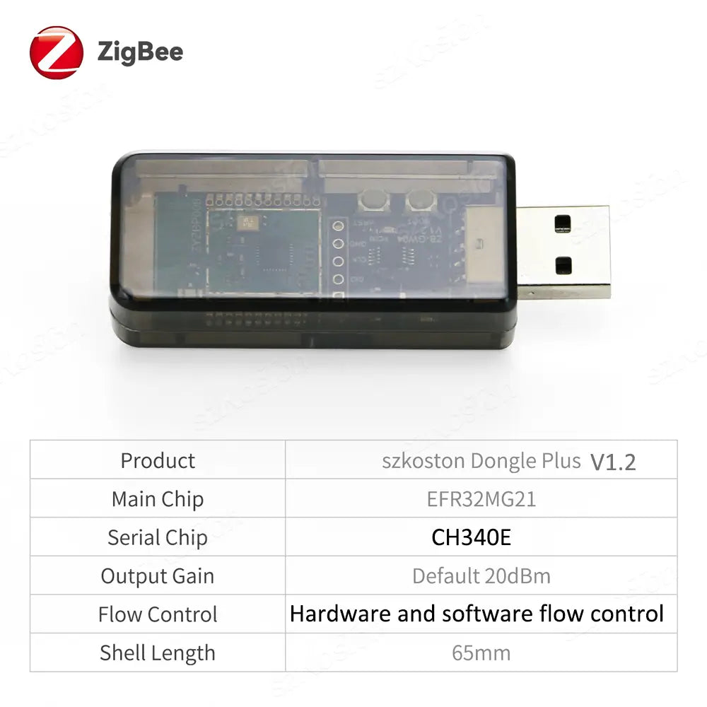 Black plastic zigbee szkoston dongle plus v1.2 usb adapter with transparent casing revealing internal circuit board and silver-colored usb connector designed for home assistant as a zigbee usb dongle plus.